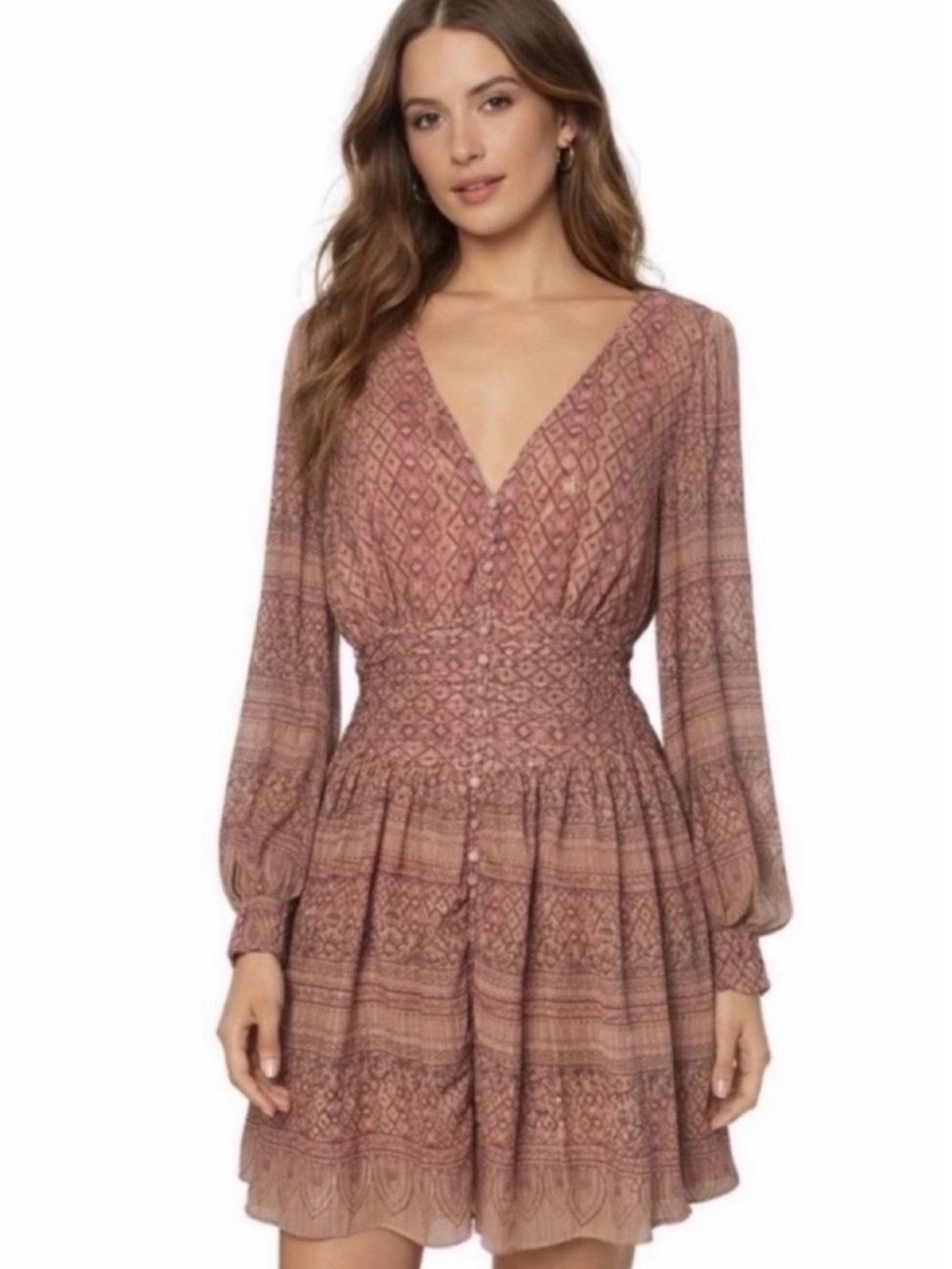 House of Harlow 1960 Shona Joy V-neck Long Sleeve Mini Dress in Muted Pink-Tan